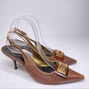 PRADA Brown Leather slingback Heels with Gold